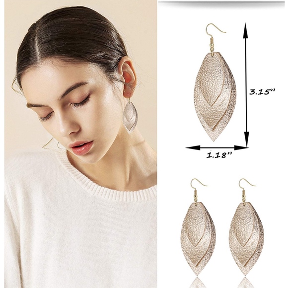 🔴$8 CLEARANCE Leather Leaf Dangle Earrings Gold - Picture 7 of 8